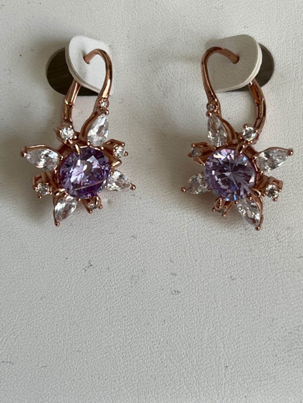Rose Gold plated Floral Earrings with Lavender CZ Crystal Center - Picture 4 of 10